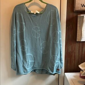 Peace Love World Light Blue Textured Peace Sign Long Sleeve Top